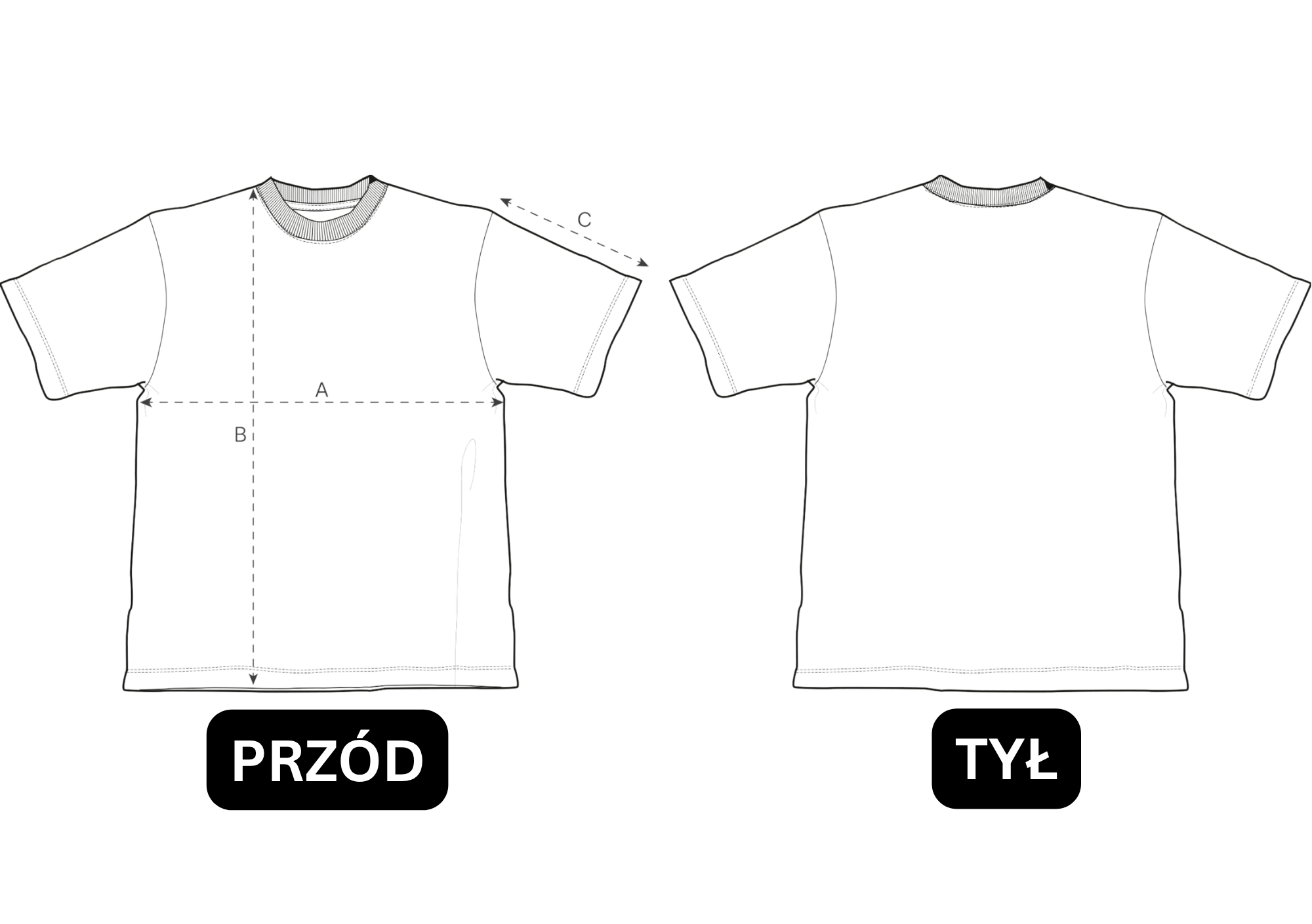 Rysunek techniczny koszulki (przód i tył) z pomiarami: A — ½ klatki, B — długość, C — rękaw